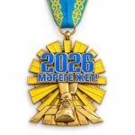 Купить спортивные медали для награждения — медаль «2026 — Мәреге жет!» с кроссовком на голубой ленте