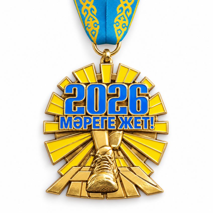 Купить спортивные медали для награждения — медаль «2026 — Мәреге жет!» с кроссовком на голубой ленте