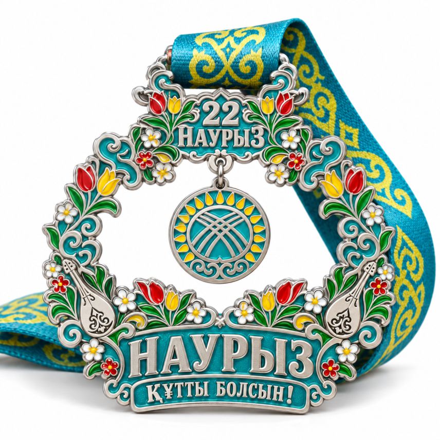 Заказать медали для награждения на Наурыз — фигурная медаль с цветной эмалью и национальным орнаментом