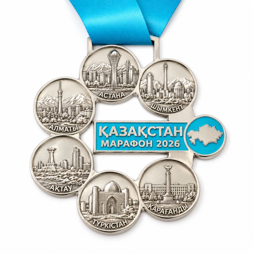 Производство медалей для марафонов на заказ — медаль «Казахстан марафон 2026» с достопримечательностями городов