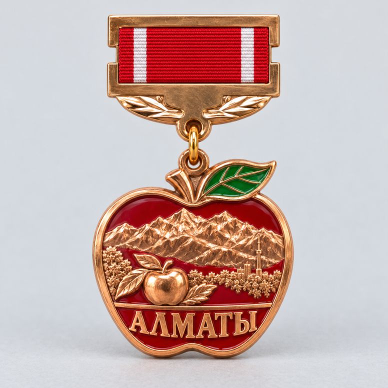 Заказать сувенирные медали Алматы — форма яблока, горы, городской силуэт и красная эмаль