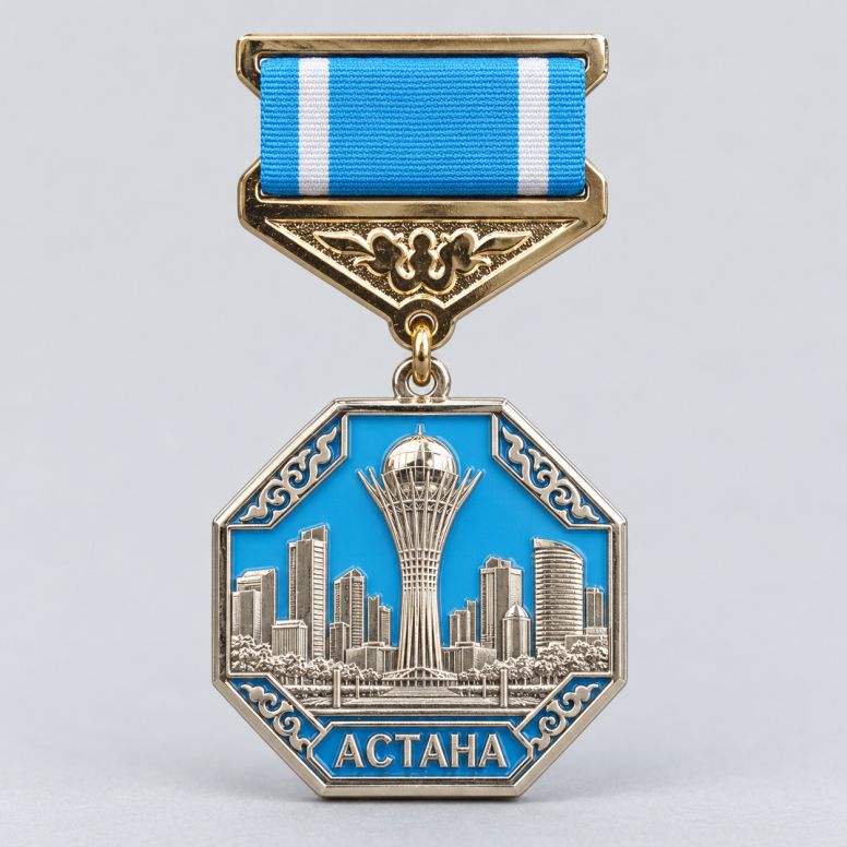 Медали с символикой Астаны на заказ — Байтерек, серебристый городской рельеф и голубая эмаль
